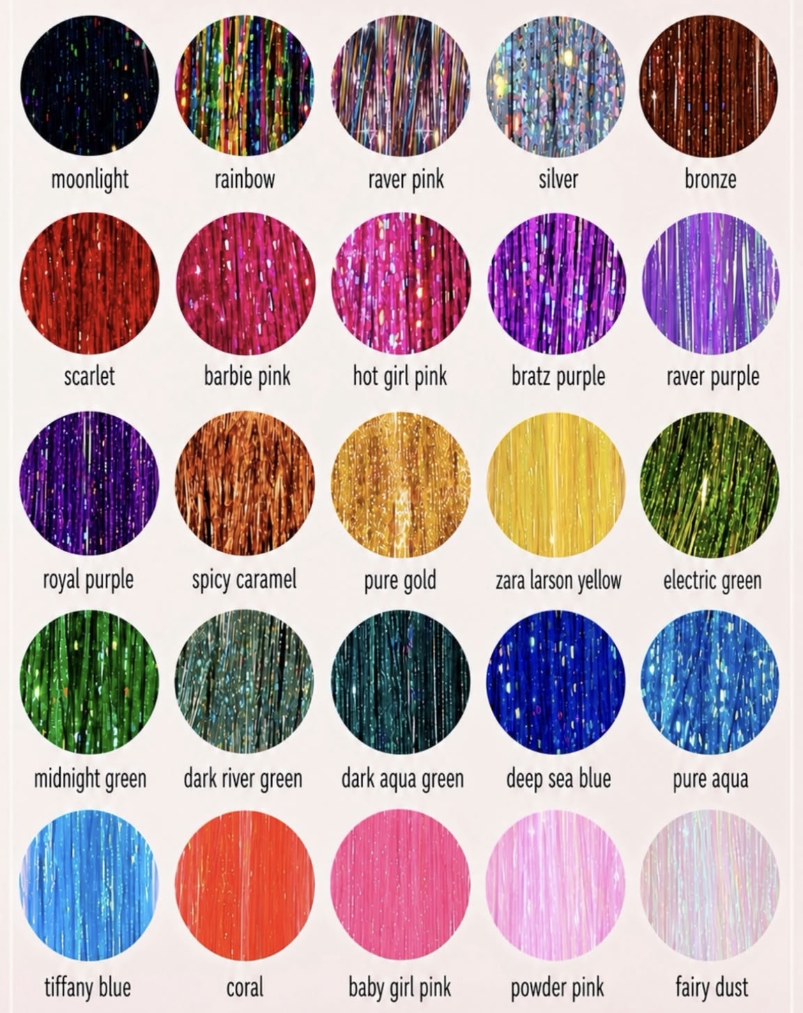HI Hair Extensions hair tinsel colour choices